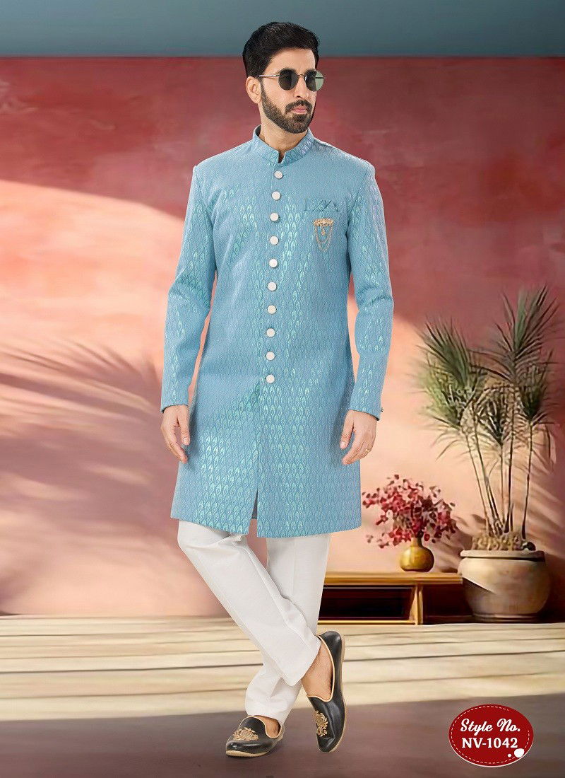 Sky Blue Colour 1651 2 Designer Party Wear Mens Indo Western Suppliers In India NV 1042