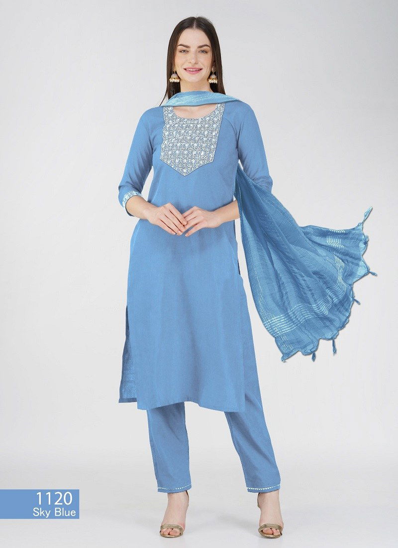 Sky Blue Colour Aaradhna 1120 Cotton Blend Embroidery Kurti With Bottom Dupatta Wholesale Online
