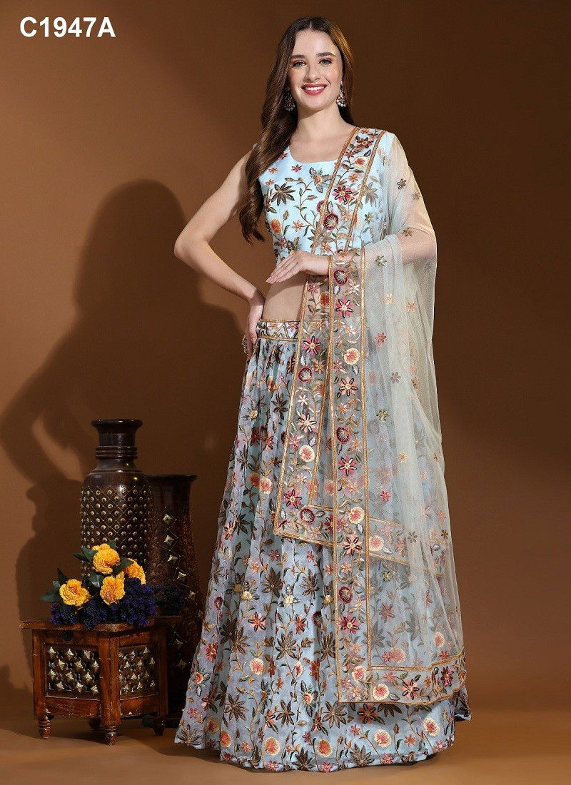 Sky Blue Colour Amoha C1947 A To C1947 D Heavy Embroidery Readymade Lehenga Choli Wholesale In India C1947A