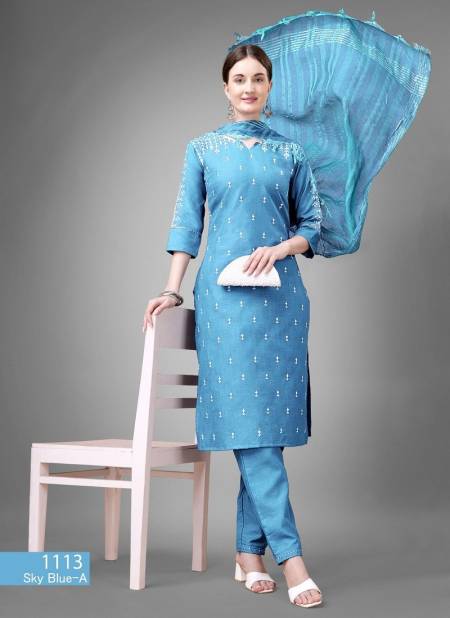 Sky Blue Colour Aradhna Cotton Blend With Embroidery Kurti Bottom With Dupatta Catalog 1113 H