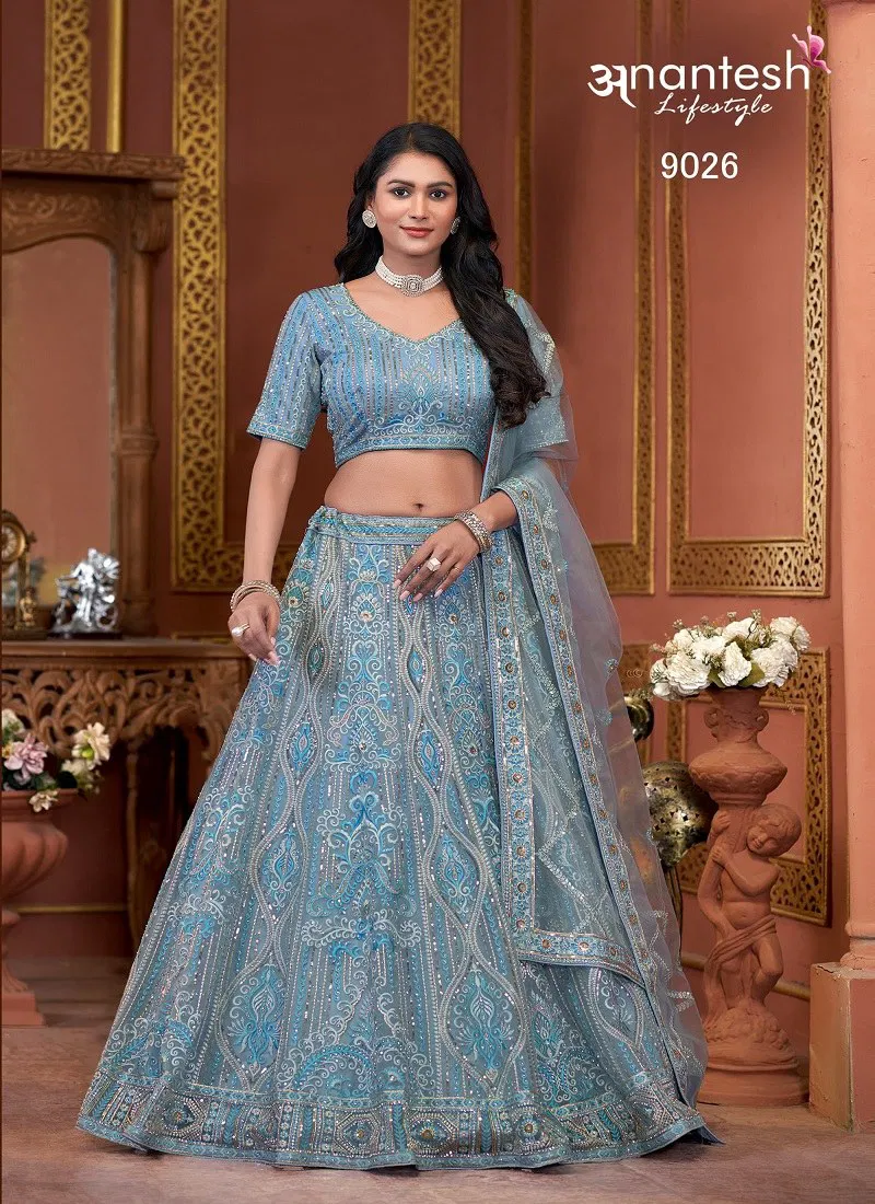 Sky Blue Colour Bridal Couture 2024 By Anantesh Engagement Designer Lehenga Choli Orders In India 9026