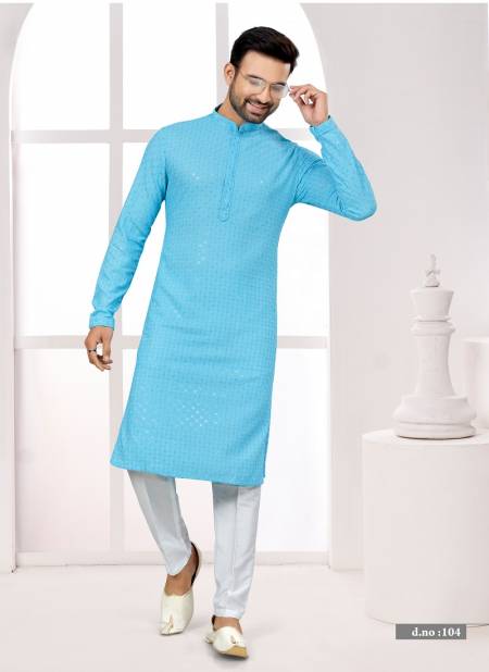 Sky Blue Colour Function wear Lukhnavi Mens Kurta Pajama Catalog 104
