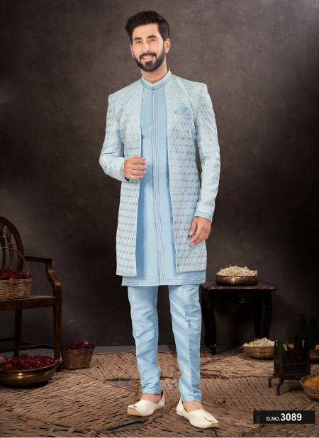 Sky Blue Colour GS Fashion Party Wear Mens Designer Indo Western Wholesale Clothing Distributors In India 3089