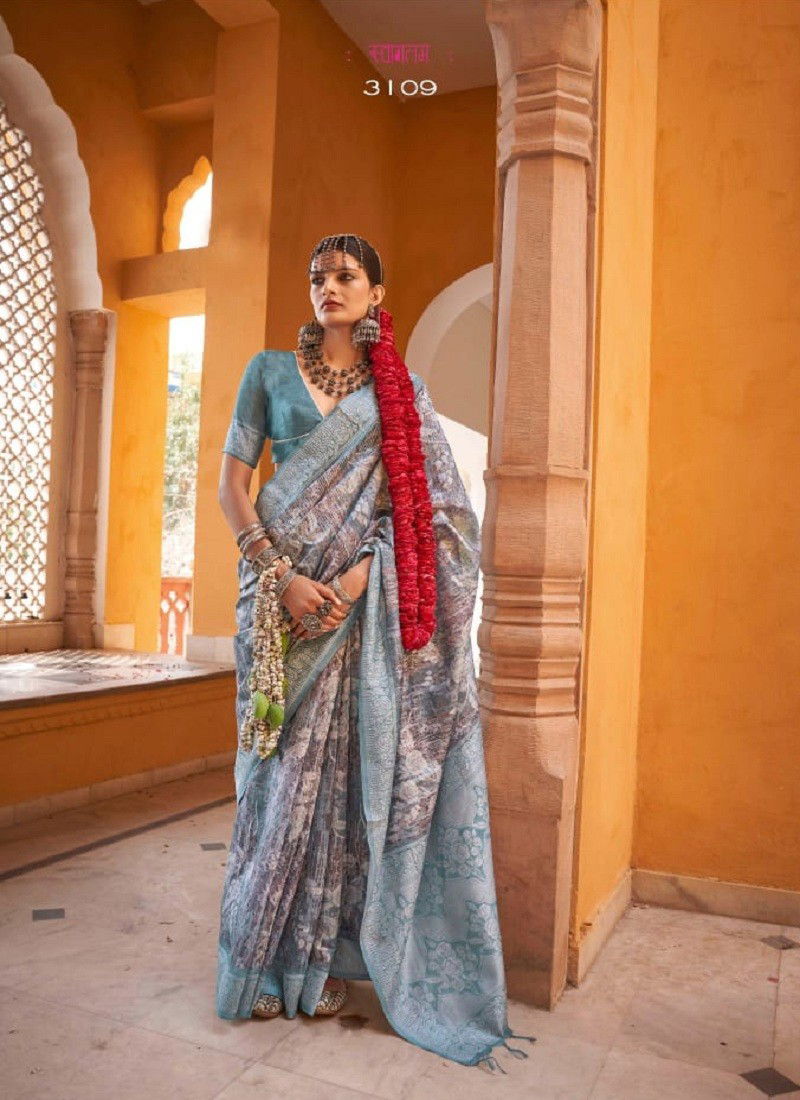 Sky Blue Colour Kamalam By Kira Tusser Spun Casual Wear Saree Orders In India 3109