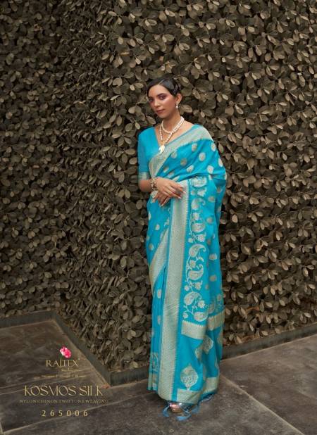 Sky Blue Colour Kosmos Silk By Rajtex Chinon Two Tone Weaving Designer Saree Catalog 265006