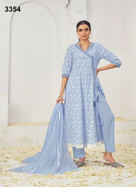 Sky Blue Colour Lakhnawi By Jivora Embroidery Cotton Kurti With Bottom Dupatta 3354