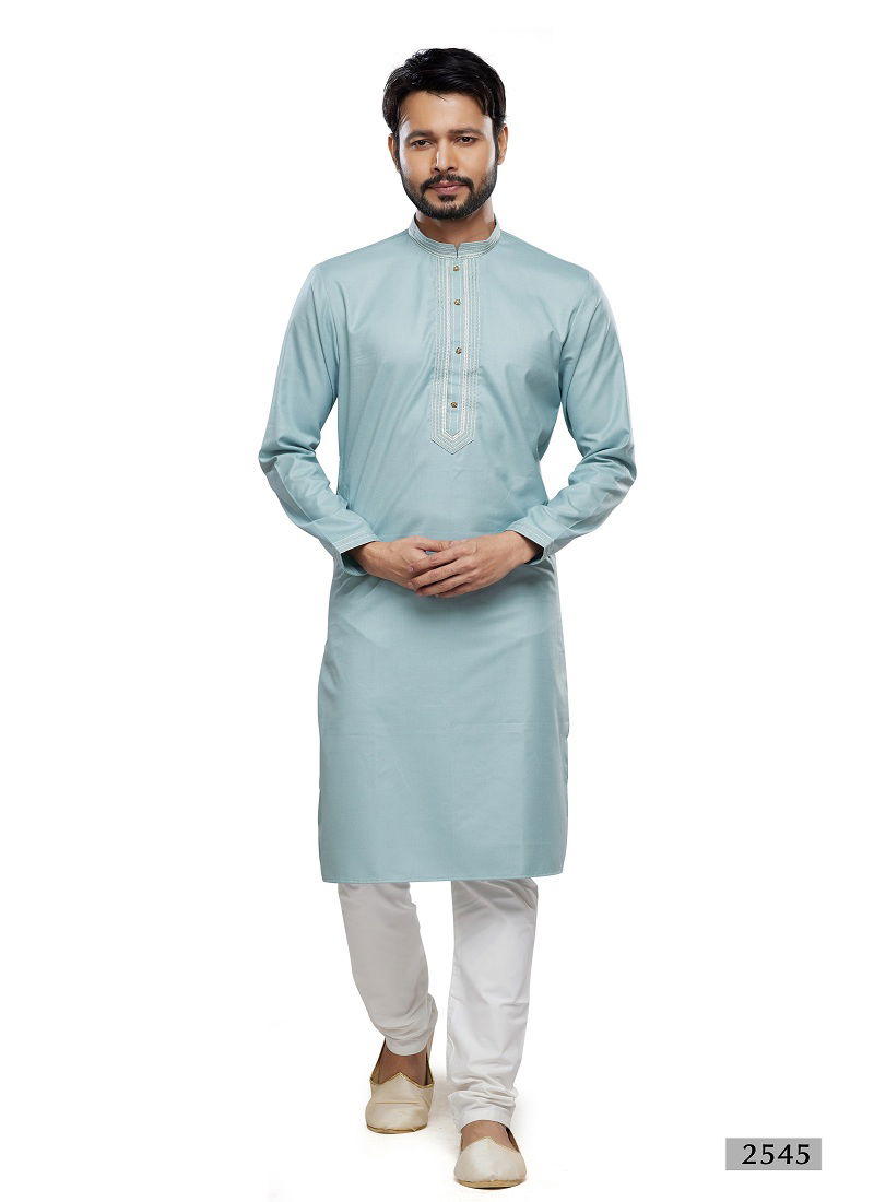 Sky Blue Colour Mens Wear Soft Plain Art Silk Kurta Pajama Wholesale Online 2545