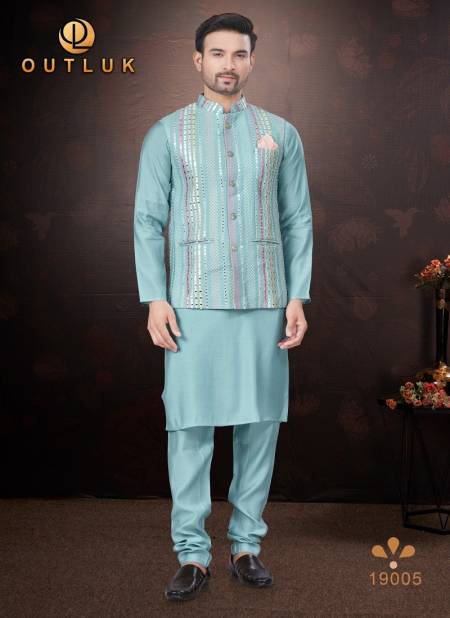 Sky Blue Colour Outluk Wedding Collection Vol 19 Pure Silk Mens Modi Jacket Kurta Pajama Wholesale Online 19005