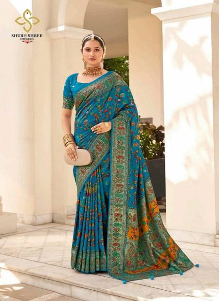 Sky Blue Colour Pashmina By Shubh Shree Velvet Tussar Silk Designer Saree Catalog 1007