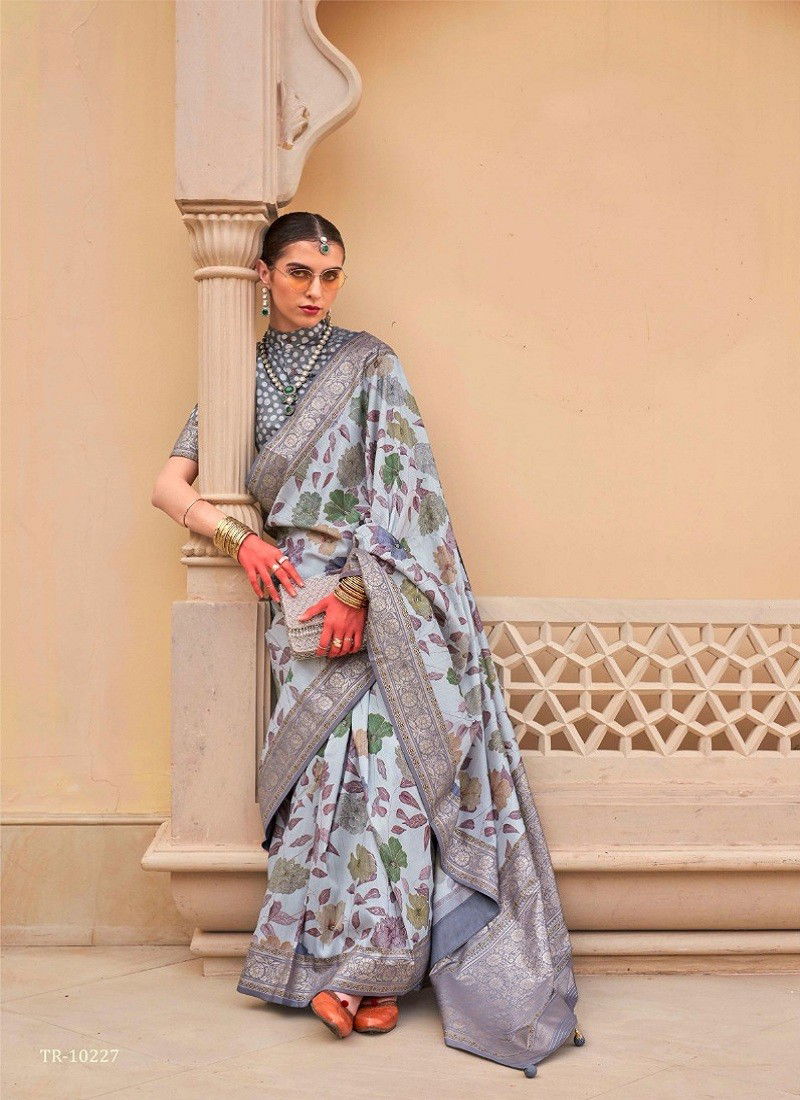 Sky Blue Colour Pushpavatika By Trirath Floral P V Silk Printed Saree Wholesale Shop In Surat TR-10227