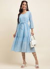 Sky Blue Colour Raisin American Crepe Party Wear Western Midi Dress Catalog OLRF0060