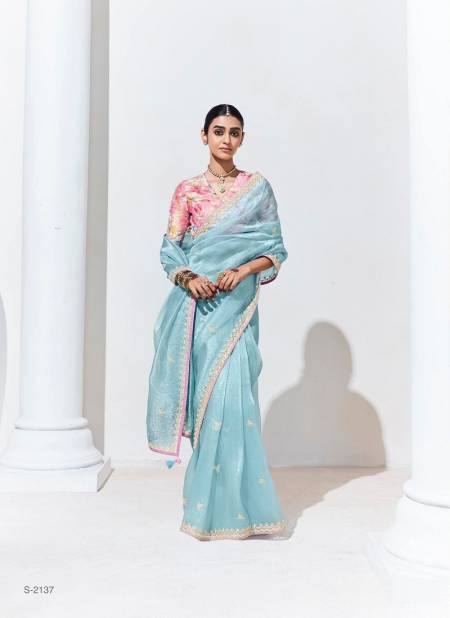 Sky Blue Colour Rangat Vol 25 By Kimora Organza Designer Wedding Wear Saree Suppliers In India S-2137