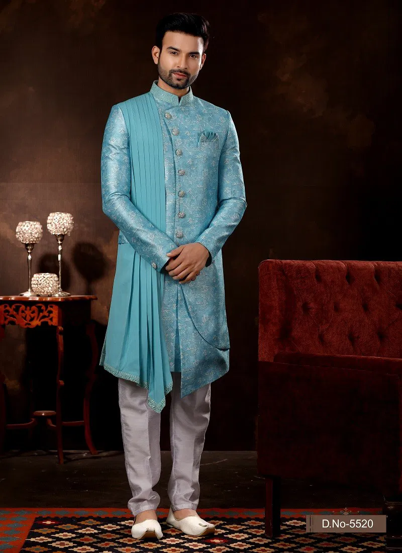 Sky Blue Colour Vol 12 Function Wear Mens Sherwani Suppliers In India 5520