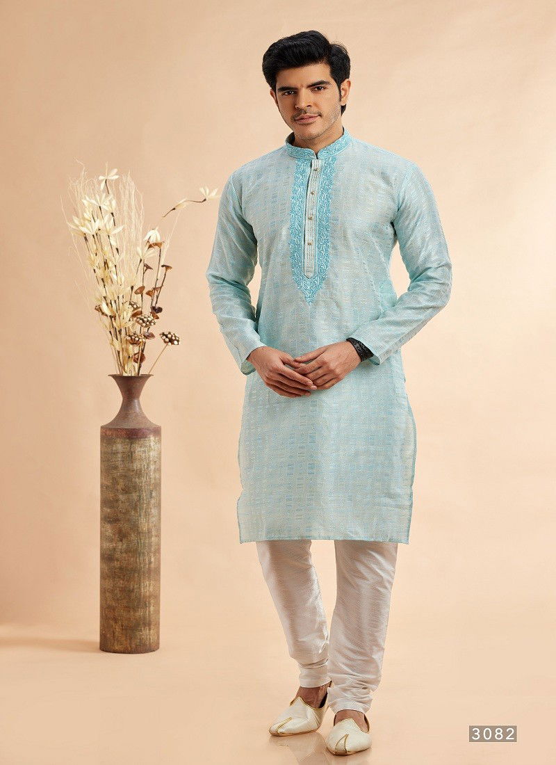 Sky Blue Colour Vol 93 Occasion Wear Jaquard Art Silk Mens Kurta Pajama Wholesale Online 3082