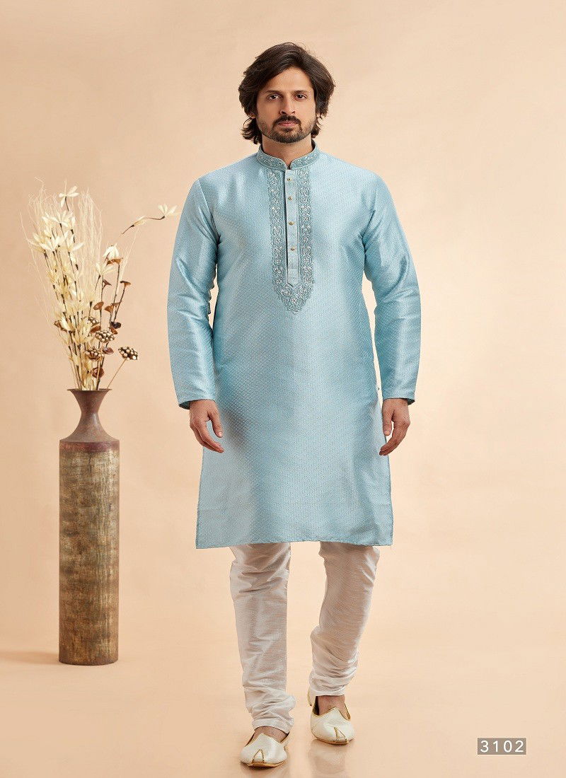 Sky Blue Colour Vol 94 Function Wear Jaquard Art Silk Mens Kurta Pajama Orders In India 3102