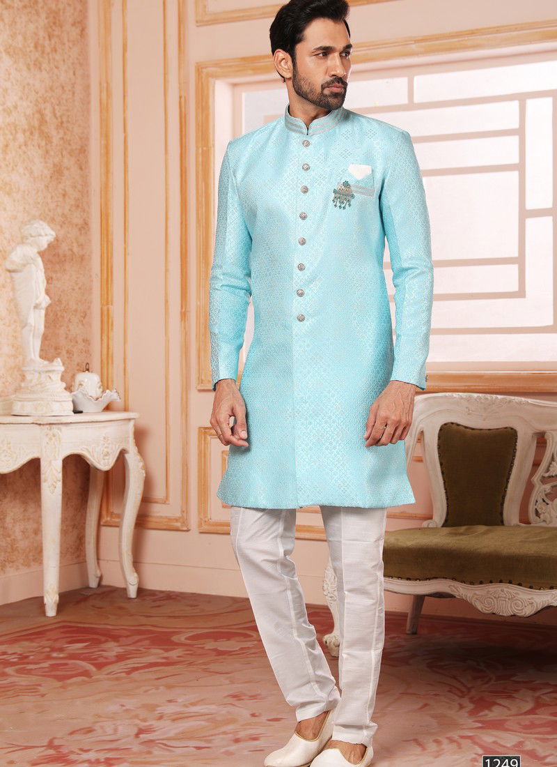 Sky Blue Colour Wedding Wear Mens Wholesale Indo Western Catalog 1249