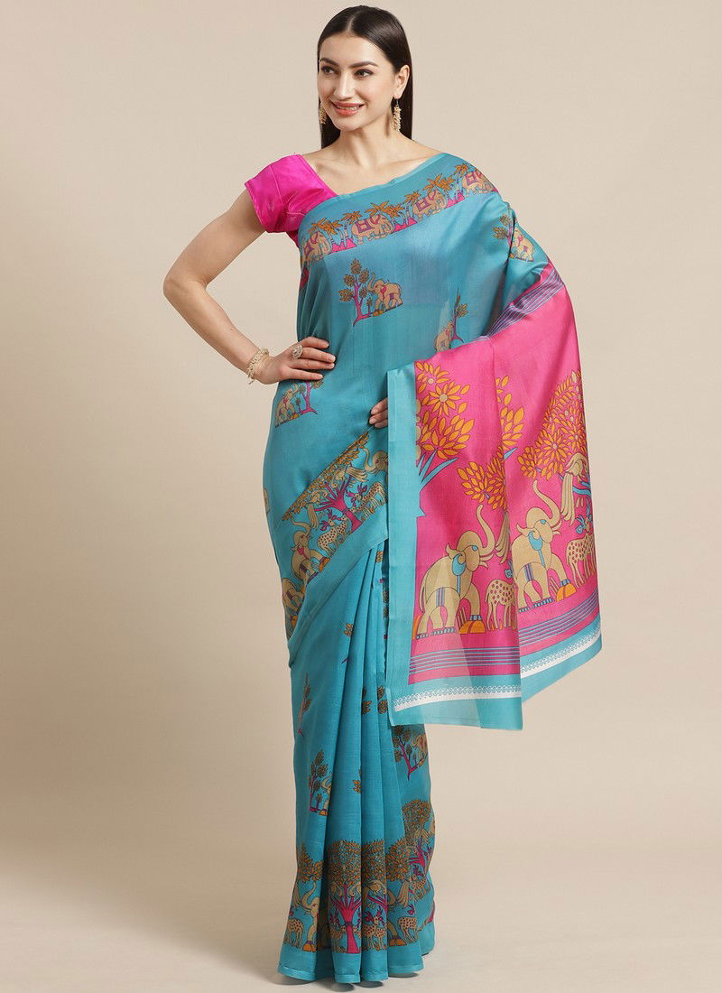 Sky Blue Daily Wear Pinted Bhagalpuri Saree 96