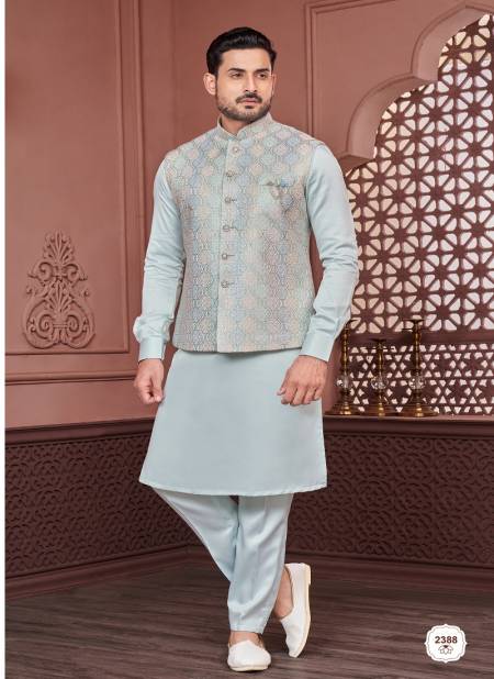 Sky Blue Multi Colour Function Wear Art Banarasi Silk Mens Modi Jacket Kurta Pajama Wholesale Market In Surat 2388