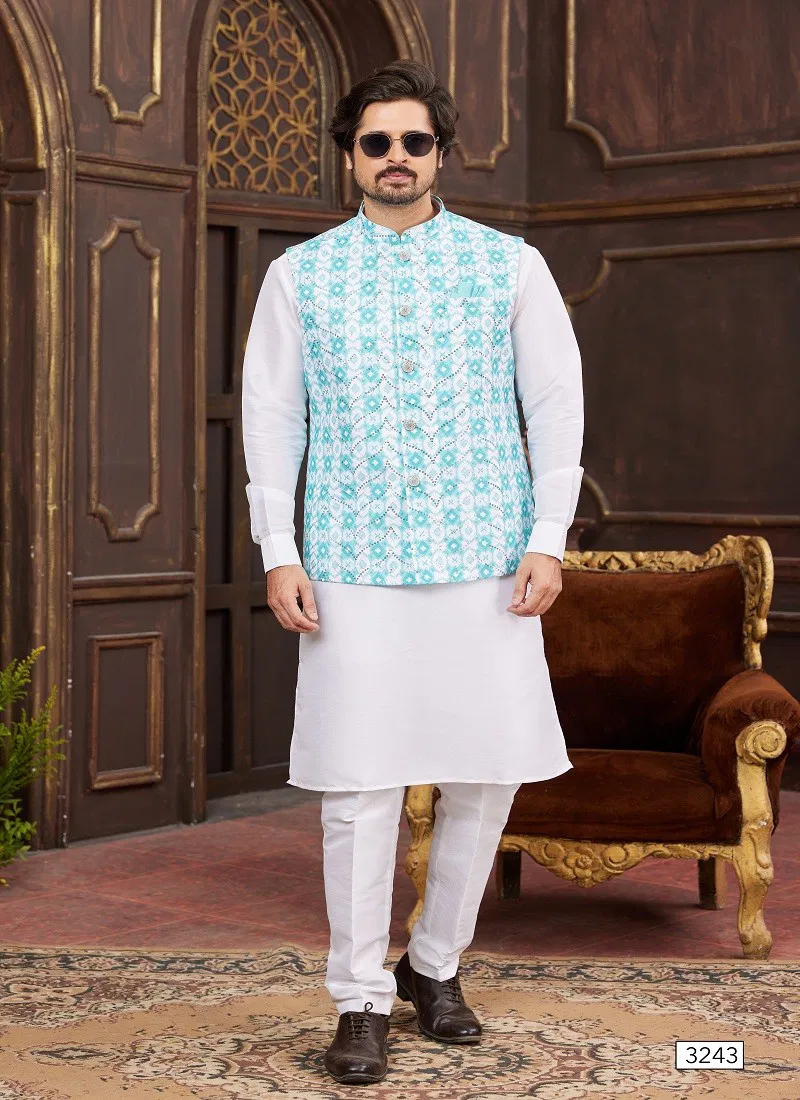 Sky Colour 1643 Party Wear Art Banarasi Silk Mens Modi Jacket Kurta Pajama Wholesale Online 3243