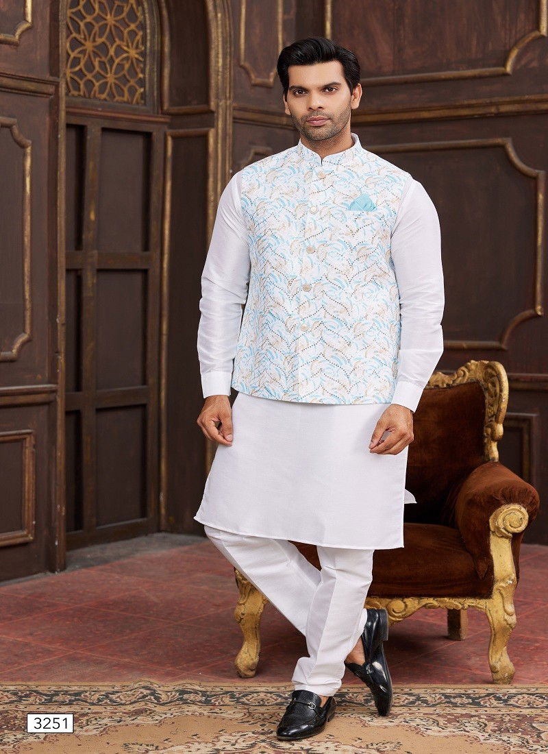 Sky Colour 1643 Party Wear Art Banarasi Silk Mens Modi Jacket Kurta Pajama Wholesale Online 3251