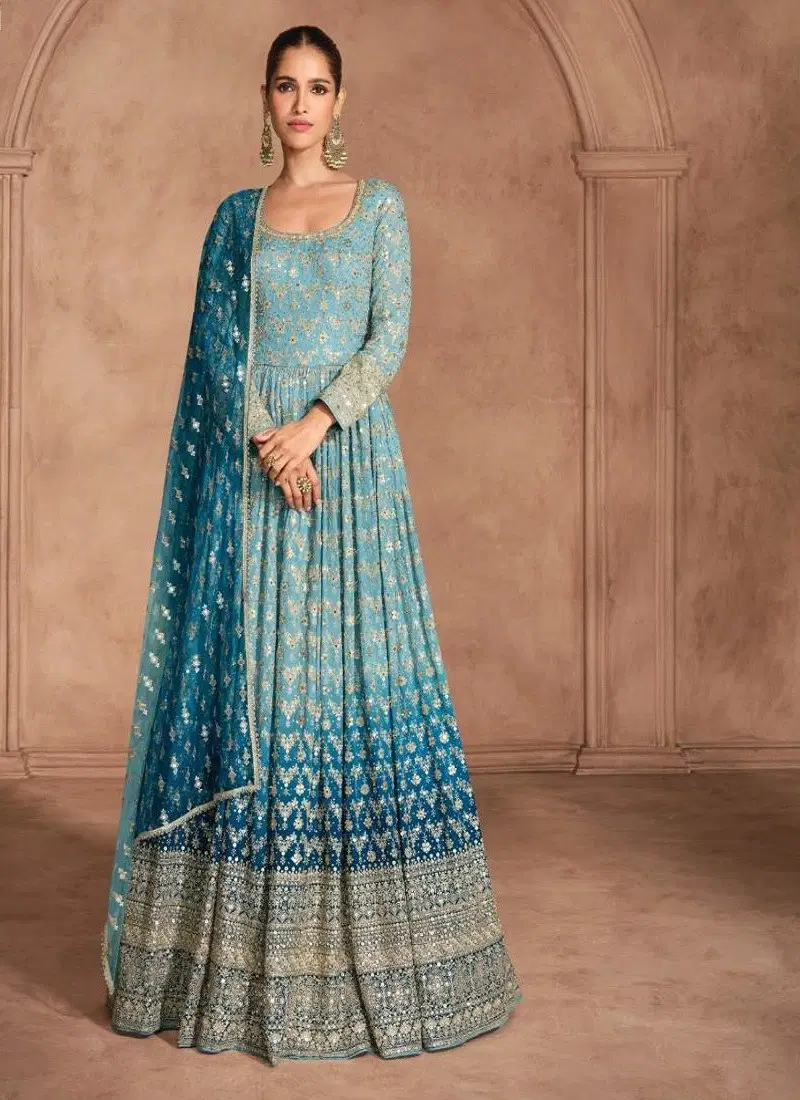 Sky Colour Aditi By Sayuri Georgette Wedding wear Gown With Dupatta Exporters In India 5688