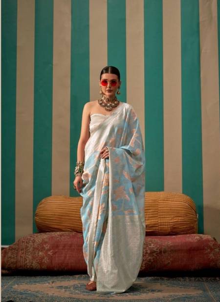 Sky Colour Kapri Linen By Rajbeer Wedding Handloom Weaving Sarees Exporters in India 15003