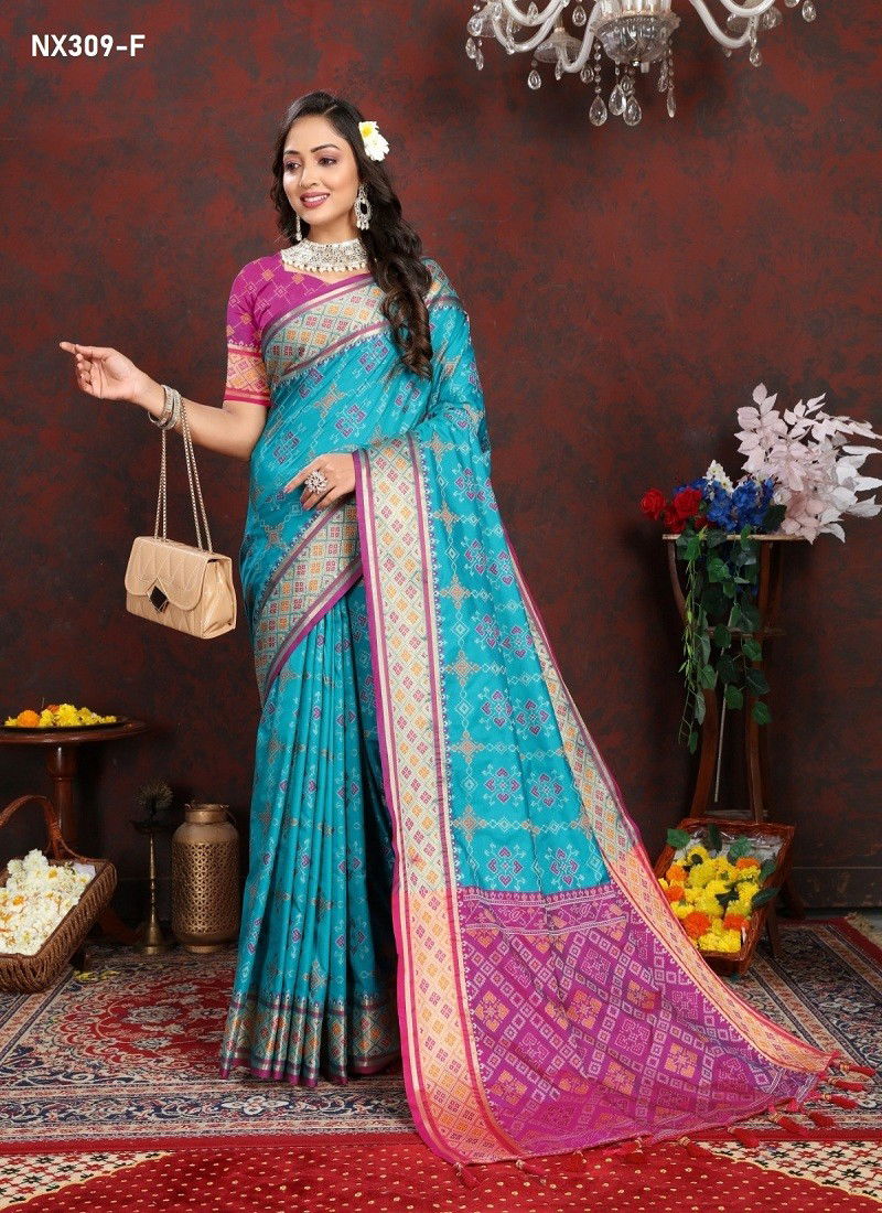 Sky Colour NX309-A To NX309-F by Murti Nx Soft Patola Silk Sarees Surat Wholesale Market NX309-F