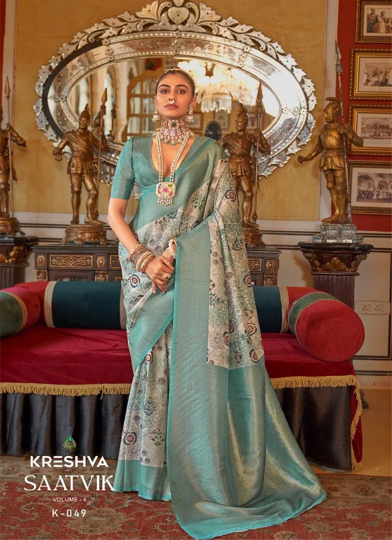 Sky Colour Saatvik Vol 4 By Kreshva Tusser Silk Digital Printed Saree Orders In India K-049