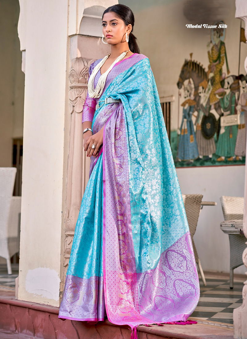 Sky Colour Sanoja The Fabrica Wedding Wear Wholesale Silk Sarees Catalog 10009