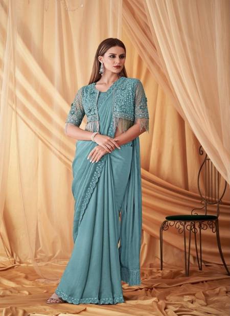 Sky Colour Sparkle 7612 Hit By TFH Desginer Sartin Georgette Designer Party Wear Jacket With Saree Wholesale In Delhi 7612C