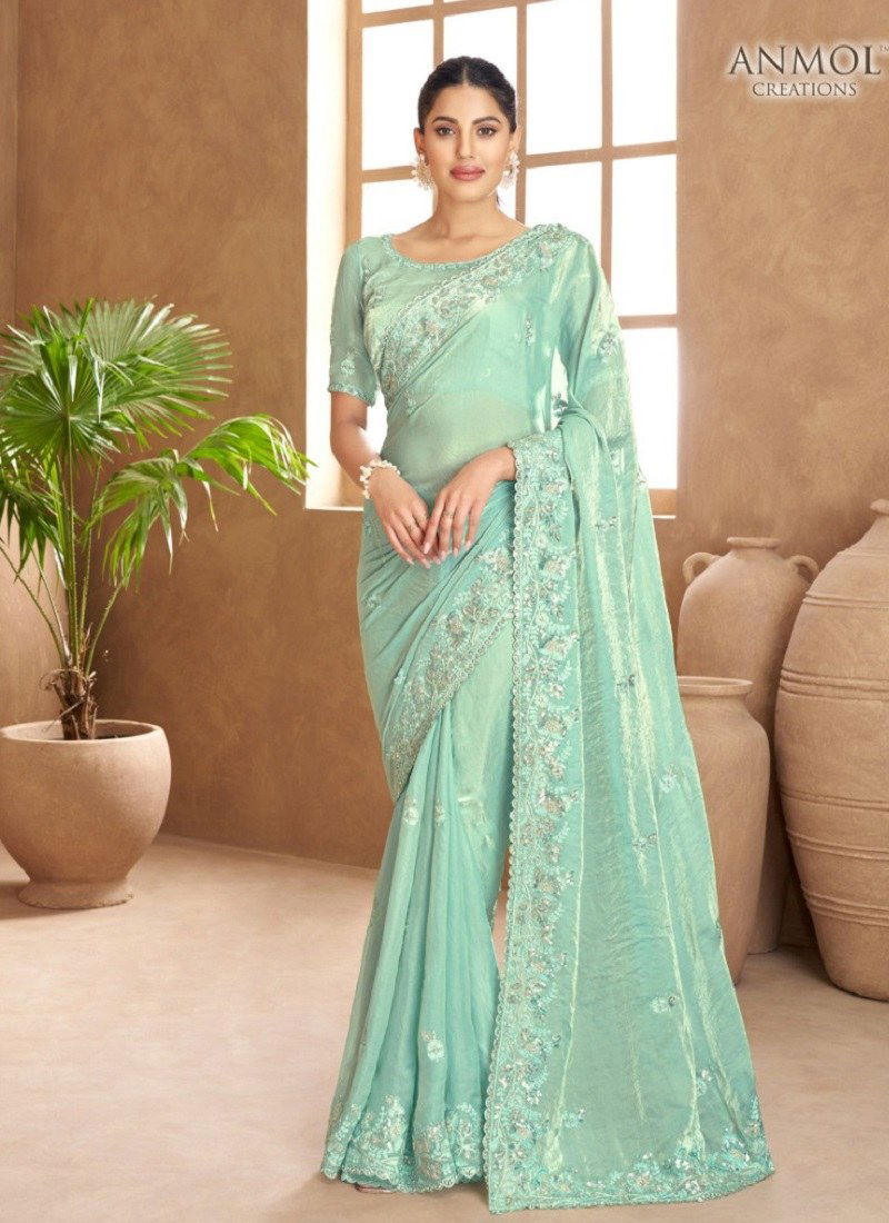 Sky Green Colour Jade By Anmol Fendi Satin Party Wear Saree Orders In India 104