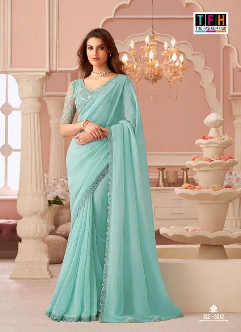 Sky Green Colour Salsa Style 4 By TFH Party Wear Sarees Suppliers In India SLS-8012