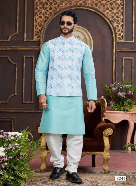 Sky Multi Colour 1643 Party Wear Art Banarasi Silk Mens Modi Jacket Kurta Pajama Wholesale Online 3246