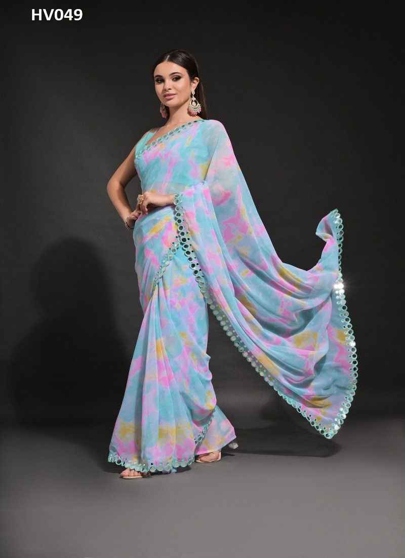 Sky Multi Colour Mirza By Fashion Berry Georgette Foil Printed Sarees Exporters In India HV049