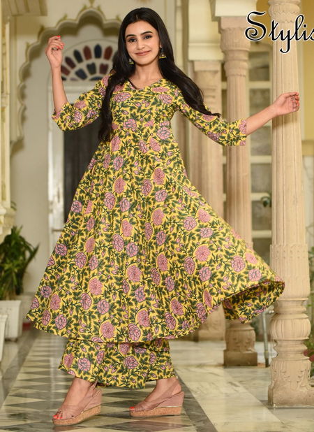 Golden Yellow Stylishta Vol 7 Pure Maslin with Digital Print Designer and Party Wear Kurtis with palazzo Suit Collections 7006 Catalog