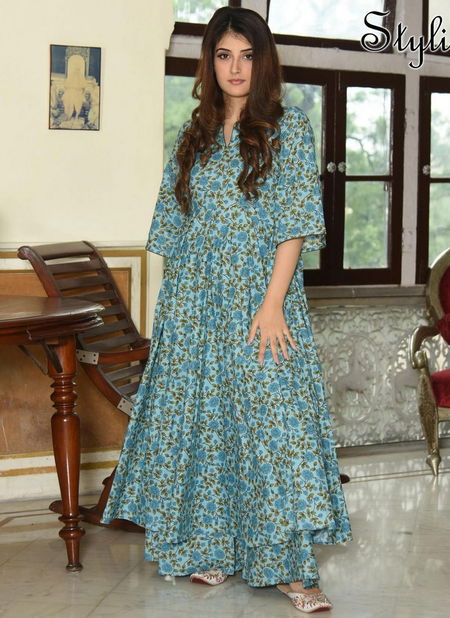 Sky Blue Digital Print Designer Party Wear Designer Stylishta Vol 7 Pure Maslin with Digital Printed Kurtis with palazzo Suit Collections 7004 Catalog