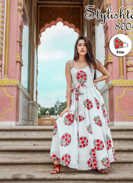 White Stylishta Vol 8 Pure Maslin with Digital Print Designer and Party Wear Gown Collections 8004 Catalog