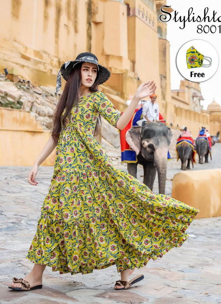 Yellow and Mehandi Stylishta Vol 8 Pure Maslin Designer Printed Long Gown 8001 Catalog