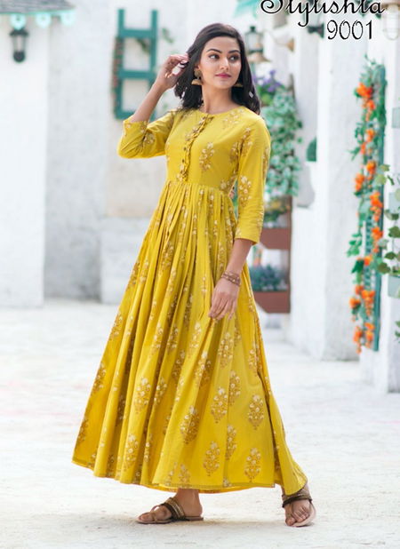 Lemon Yellow Stylishta Vol 9 Pure Maslin with Bollywood Design Digital Print Designer Party Wear Gown Collections 9001 Catalog