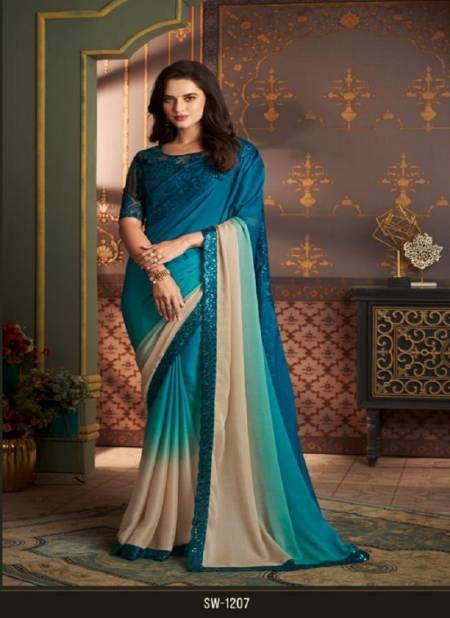 Teal Blue And Multi Colour Sandalwood Vol 12 By Tfh Chiffon Party Wear Saree Catalog 1207