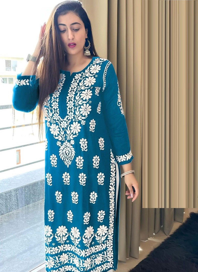 Teal Blue And White Colour Jenu By Rasili Nx Chicken Kari Rayon Cotton Kurti With Bottom Wholesalers In India 4001