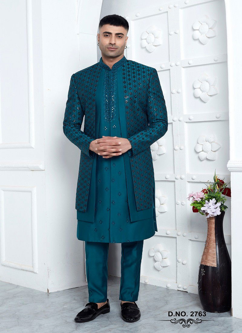 Teal Blue Colour 1641 Party Wear Indo Western Mens Jacket Set Exporters In India 2763