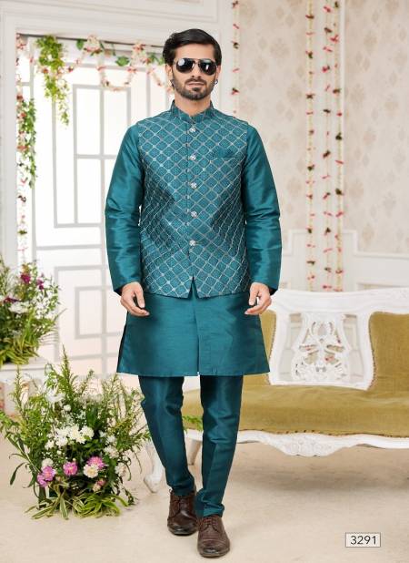 Teal Blue Colour 1645 Wedding Wear Art Silk Mens Modi Jacket Kurta Pajama Exporters In India 3291