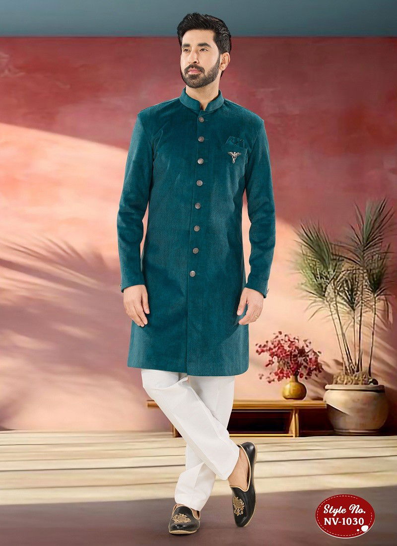 Teal Blue Colour 1651 1 Occasion Wear Mens Indo Western Wholesale Shop In Surat NV 1030