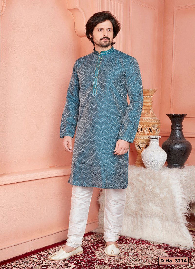 Teal Blue Colour 1659 Function Wear Mens Indo Western Surat Wholesale Market 3214