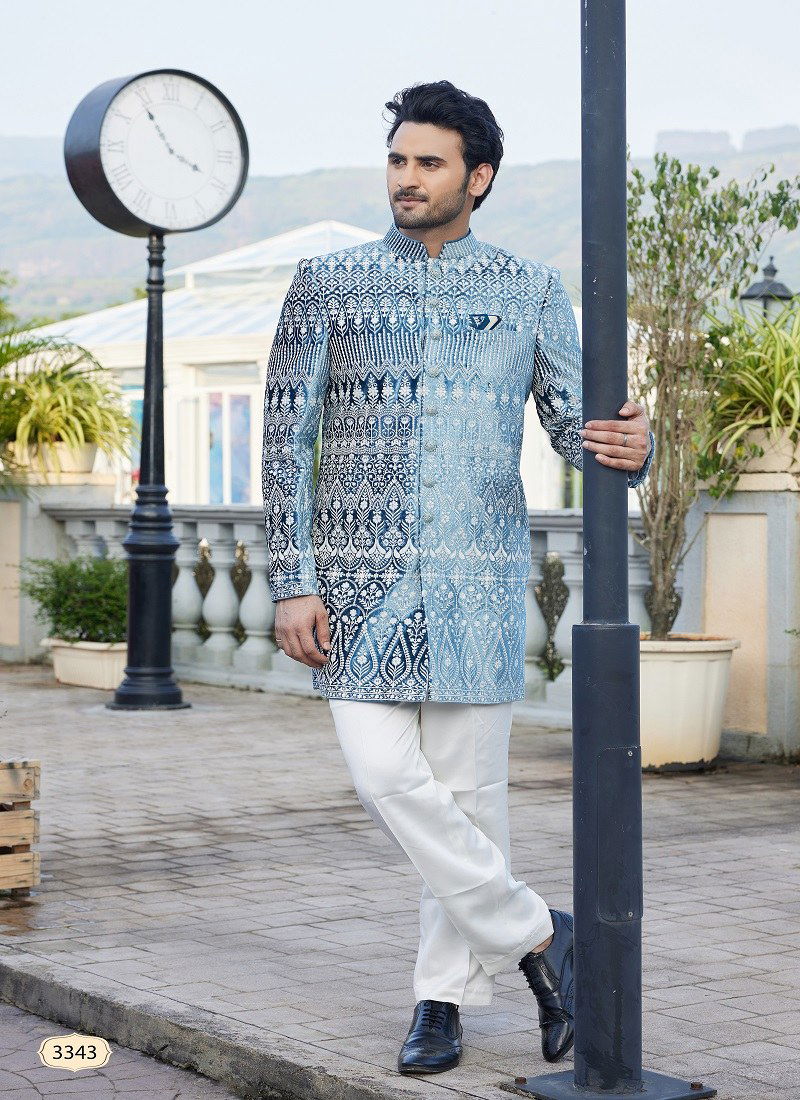 Teal Blue Colour 3341 To 3344 Wedding Wear Valvet Mens Indo Western Wholesale Online 3343