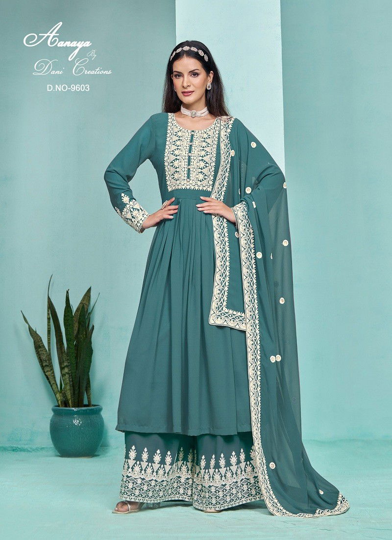 Teal Blue Colour Aanaya Vol 196 By Twisha Designer Faux Georgette Sharara Suit Wholesale Online 9603