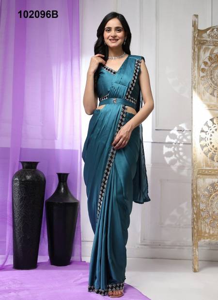 Teal Blue Colour Amoha 102096 A To E Satin Silk Readymade Wholesale Saree in India 102096 B