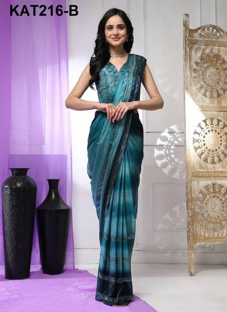 Teal Blue Colour Amoha KAT216 A To D Satin Silk Party Wear Readymade Sarees Wholesalers In Delhi KAT216-B