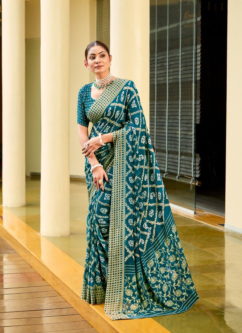 Teal Blue Colour Ansha By Dhaga Bandhni Daily Wear Saree Orders In India 1003